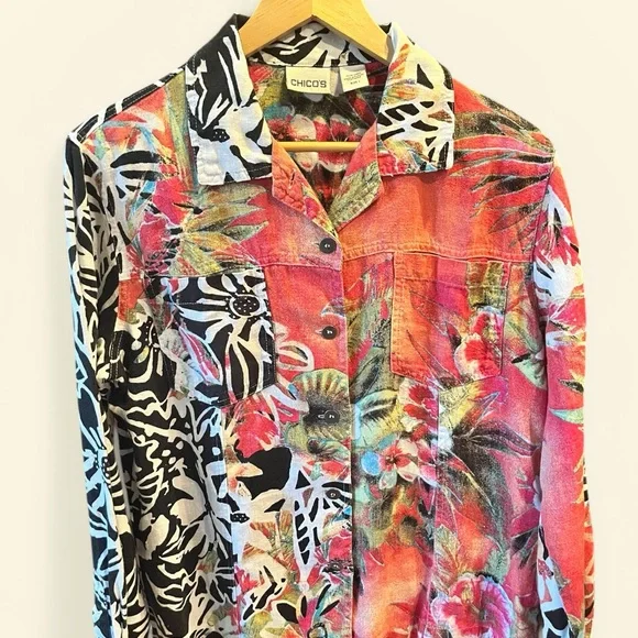 Chico's Multi-Color Tropical Floral 100% Linen Button-Up Shirt (NWOT) - Picture 5 of 11